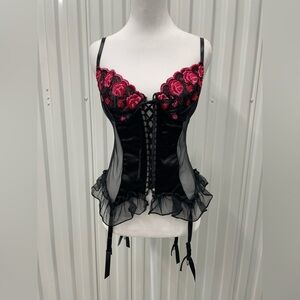 Y2K Black Lace Up Floral Trim Corset Garter Straps 6/8 Whimsigoth Dark Fairy